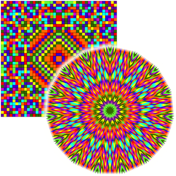 Beispiel eines mit NumeroMandala berechneten Punkt-Matrix-Musters und eines daraus erzeugten Mandalas