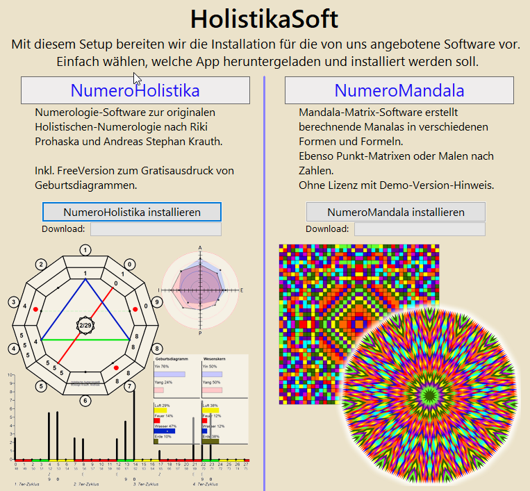 Vorschau des PreInstaller-Fensters mit Auswahl für NumeroHolistika und NumeroMandala